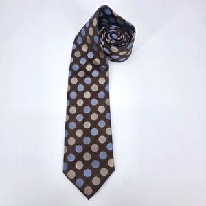 Ferucci Mens Silk Necktie Brown Blue Tan Geometric Circle Polka Dot Handmade